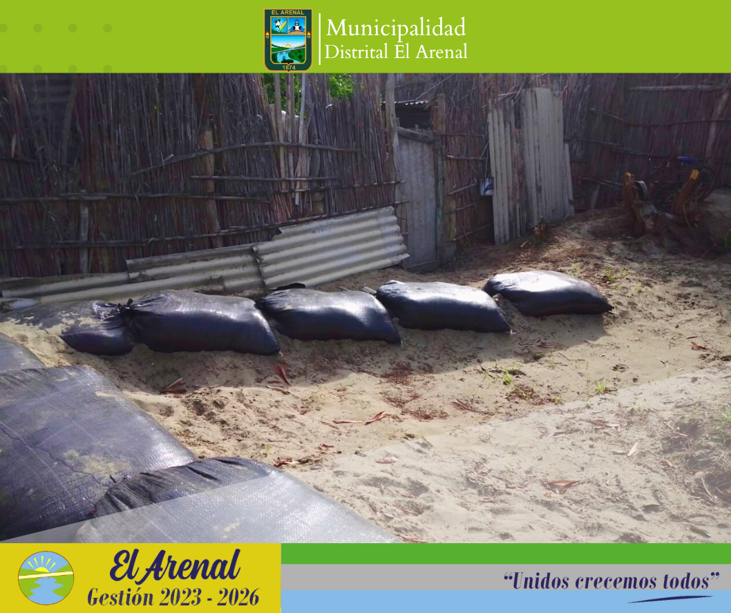 Fotos de los trabajadores llenando sacos de arena.