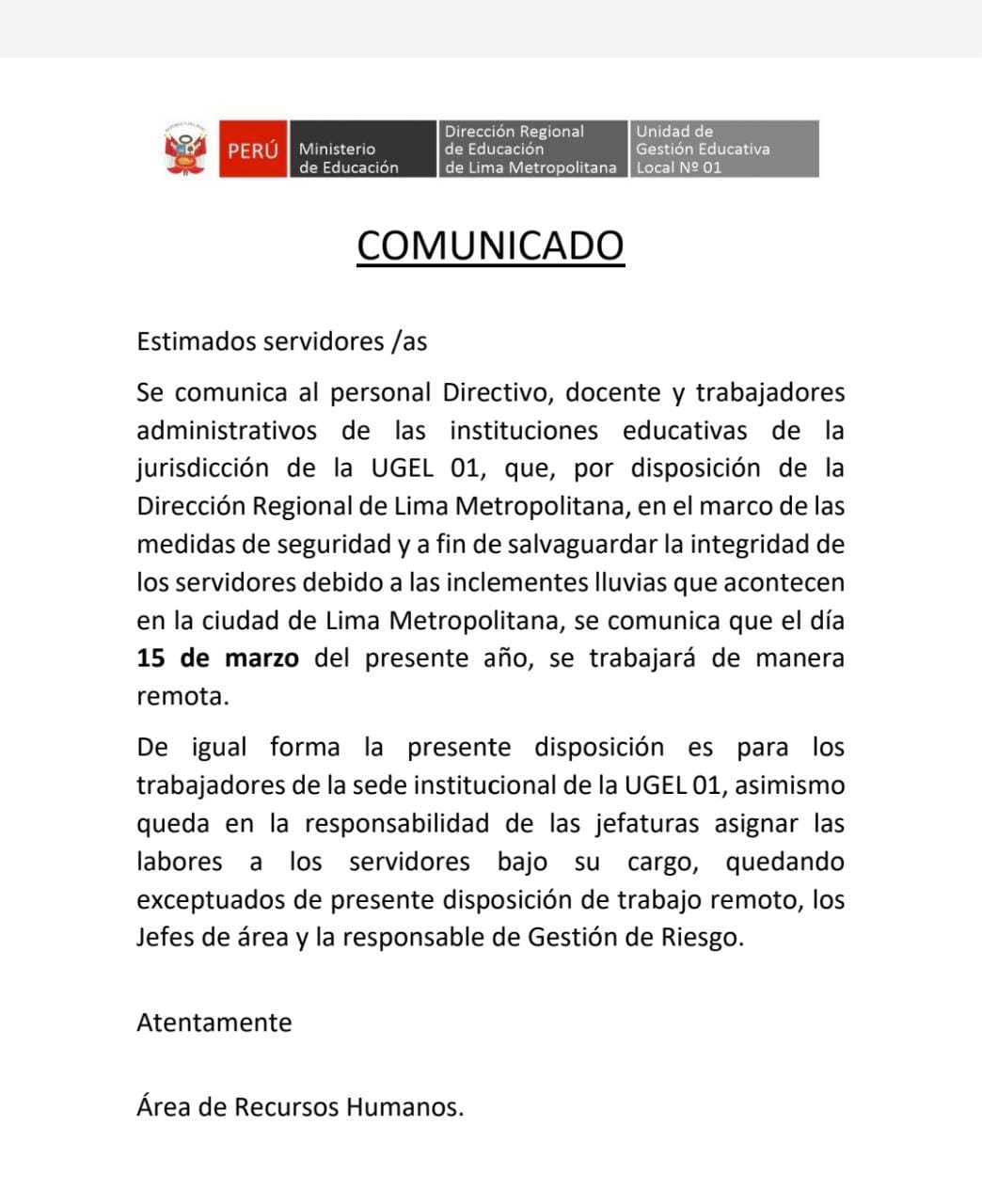 Comunicado: sobre el trabajo remoto en las entidades públicas de lima metropolitana
