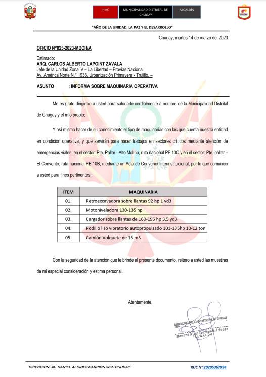 Ante los acontecimientos de estado de emergencia por temporada de lluvia, el Burgomaestre firmarΓ‘ un convenio, bajo βacta de apoyoβ, con la finalidad de dar mantenimiento las VΓas de ComunicaciΓ³n.