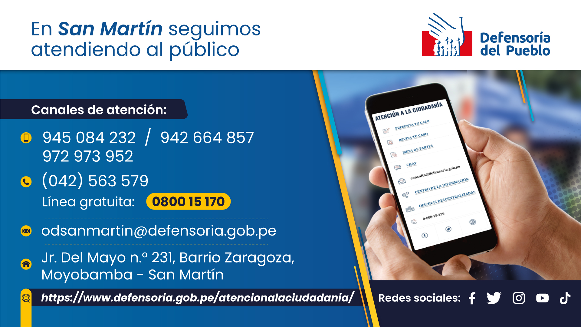 Datos de atención de la Oficina Defensorial de San Martín