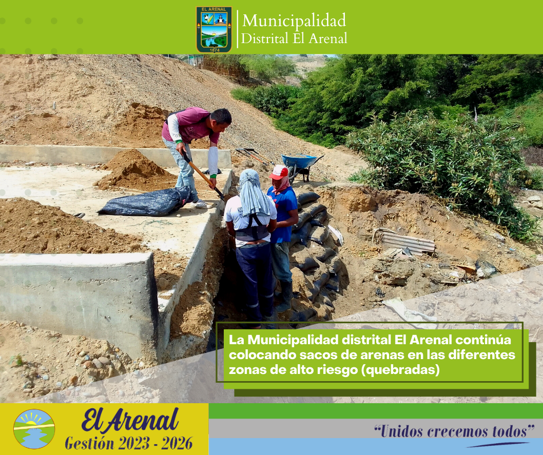 Foto de los trabajadores colocando sacos de arena.