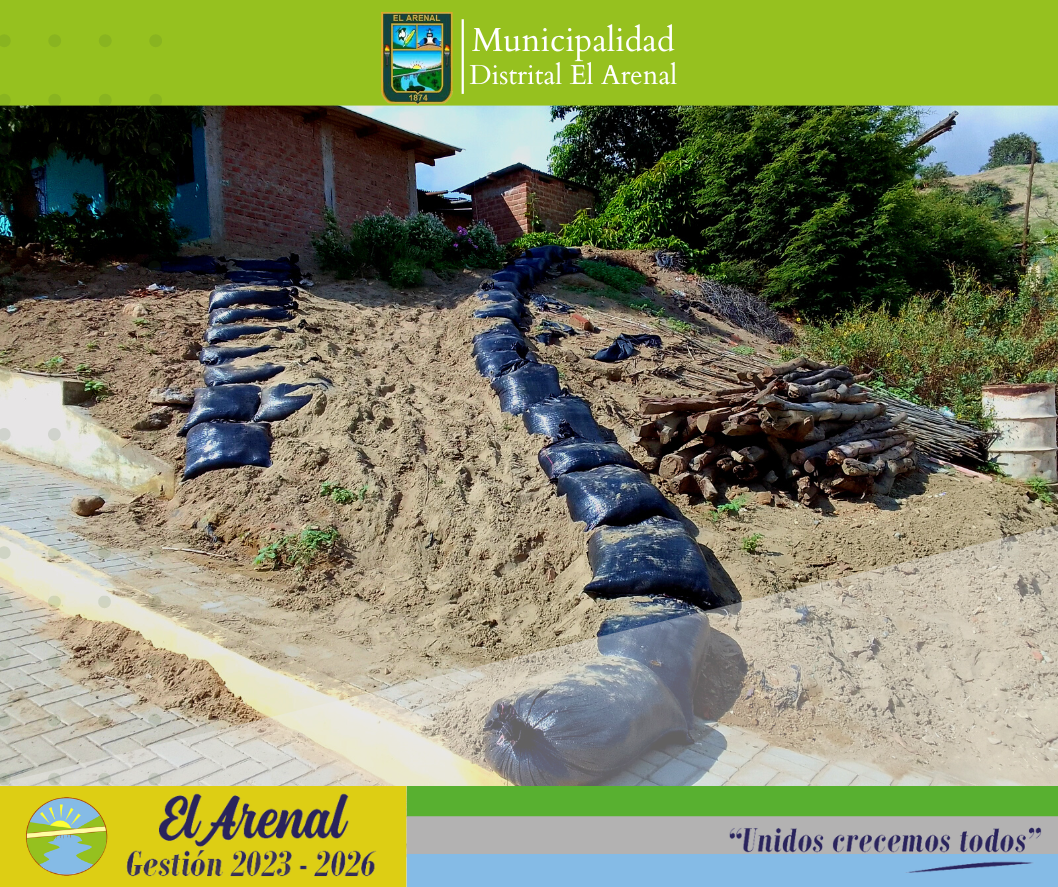 Foto de los sacos de arena en zona de quebradas.