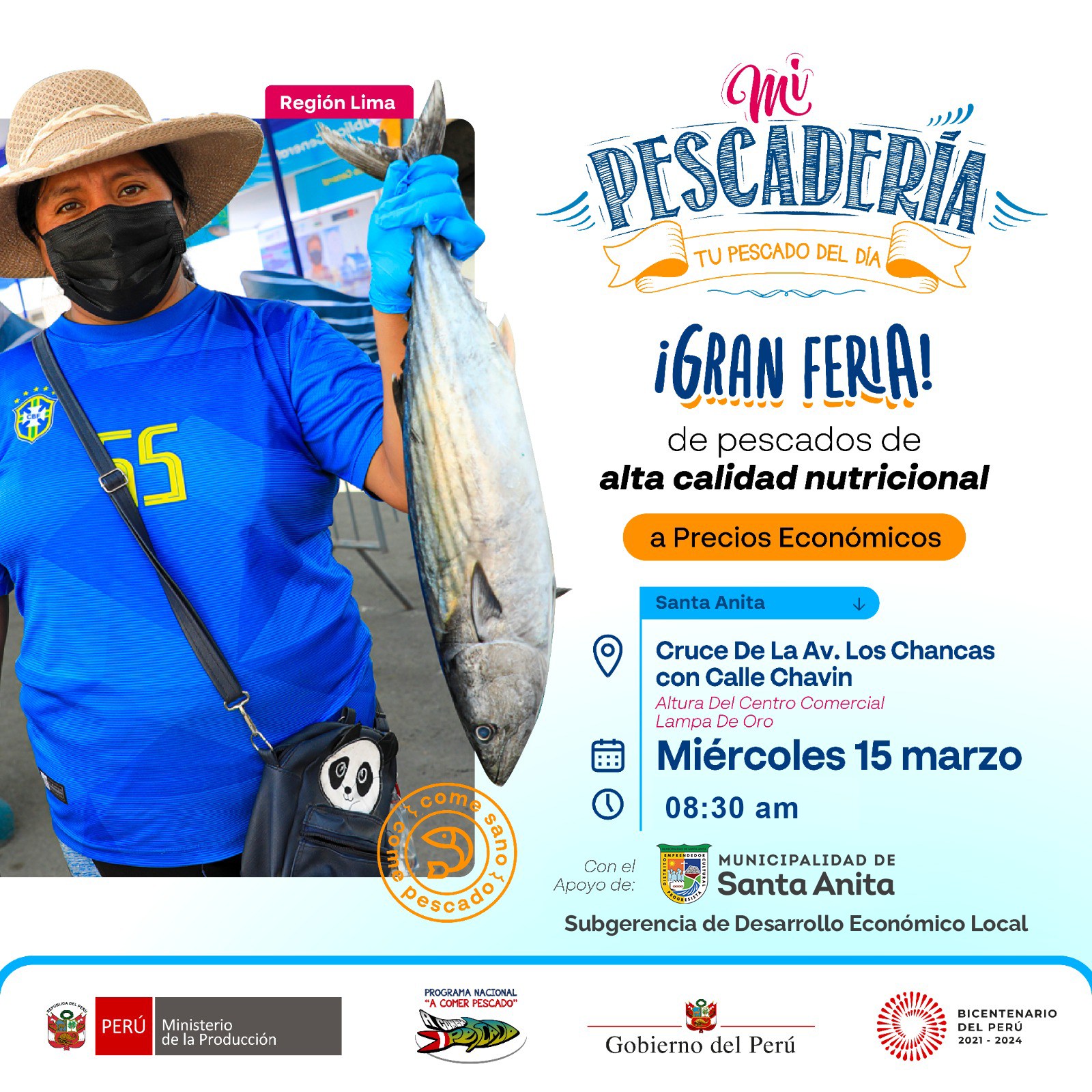 Vecinos estaremos promocionando pescado fresco y conservas a precios de promoción en la feria #MiPescadería, organizada por #AComerPescado del Ministerio de la Producción del Perú.