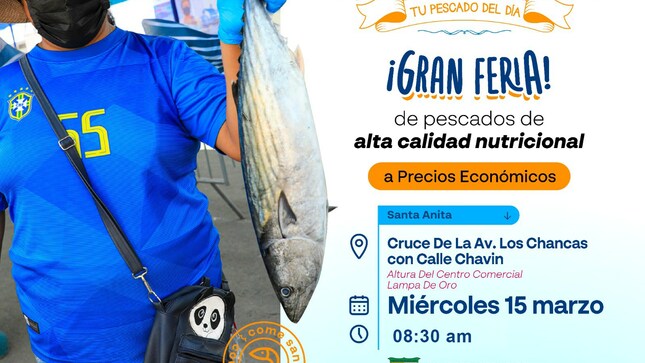  Vecinos estaremos  promocionando pescado fresco  y conservas a precios de promoción en la feria #MiPescadería, organizada por #AComerPescado del Ministerio de la Producción del Perú.