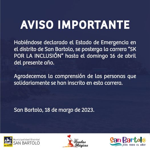 Se posterga la Carreta "5K POR LA INCLUSI脫N", hasta el 16 de abril