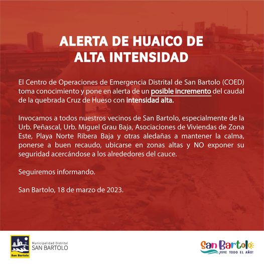 Los integrantes del COED: Municipalidad de San Bartolo, ComisarΓa, Destacamento de Carreteras, Posta MΓ©dica y CompaΓ±Γa de Bomberos, vienen tomando las acciones correspondientes en conjunto.