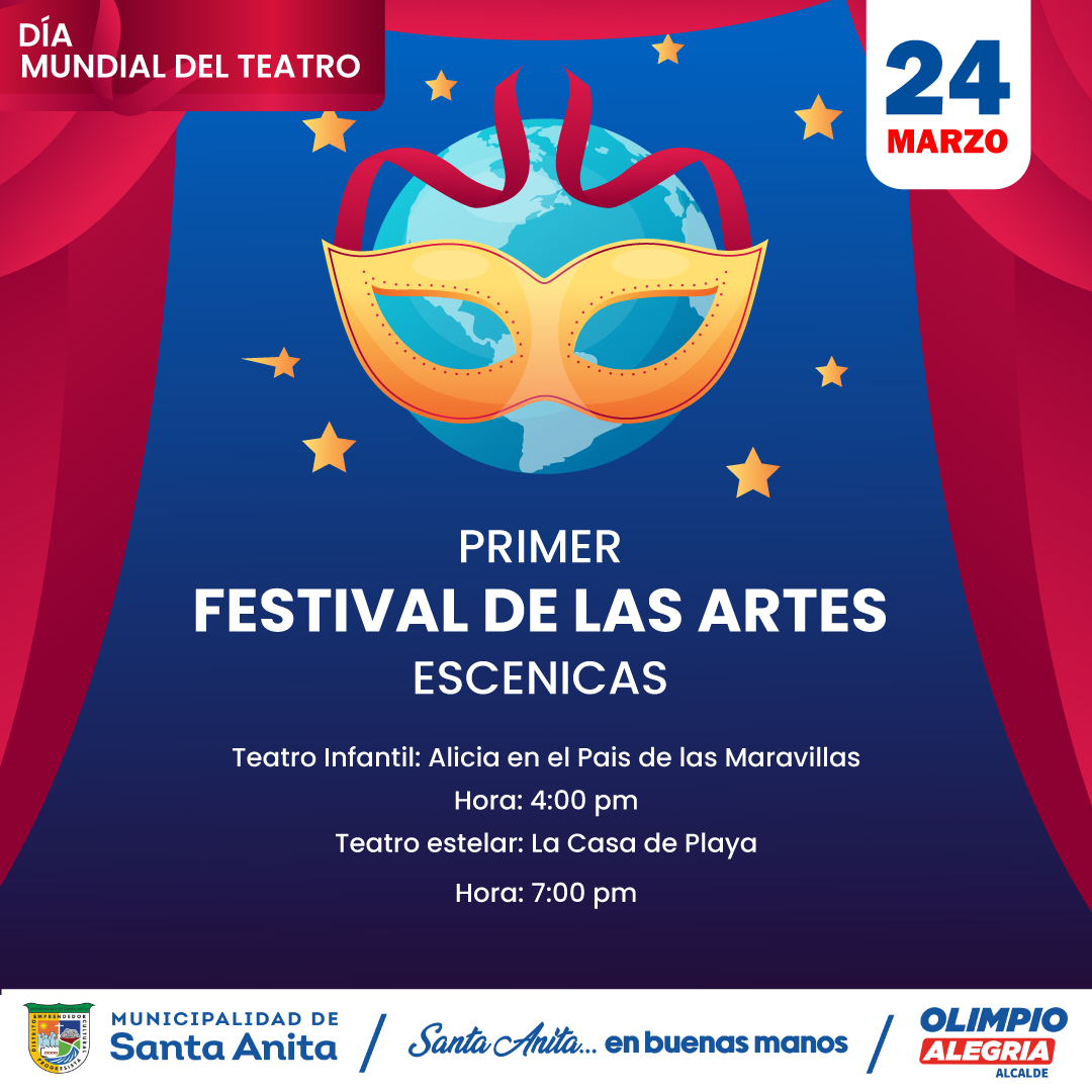 Este día especial, estaremos presentando dos emocionantes obras: "Alicia en el País de las Maravillas" y "La Casa de Playa". ¡No te pierdas la oportunidad de disfrutar de estas espectaculares funciones teatrales!
Día: 24/03/23
Lugar: Centro Cultural de la Municipalidad de Santa Anita
Horarios: 4:00 pm (Alicia en el País de las Maravillas) y 7:00 pm (La Casa de Playa)