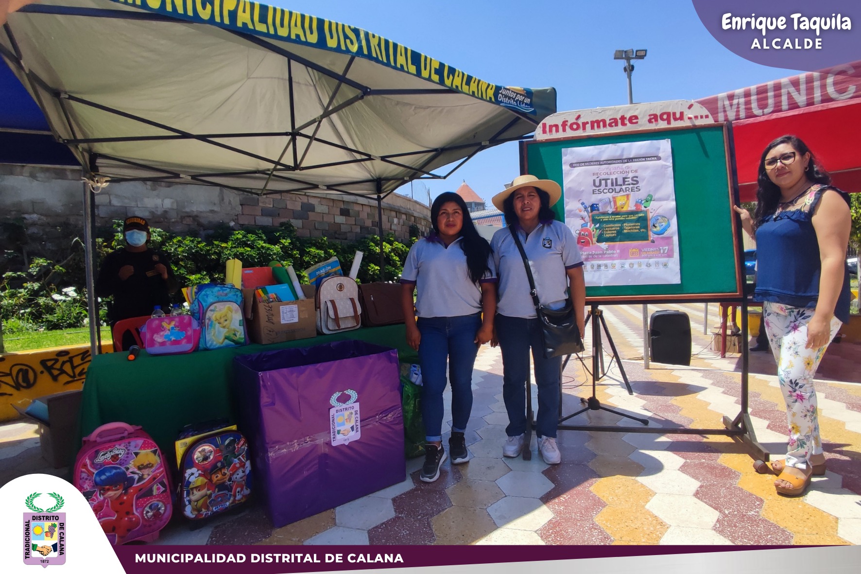 Regidoras Delia Ticona y Felipa Cotrado, en representación de la MDC, participaron en la campaña de recolección de útiles escolares. 