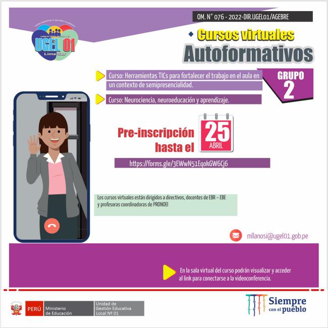 Convocatoria: pre-inscripción grupo 2 cursos virtuales ugel 01