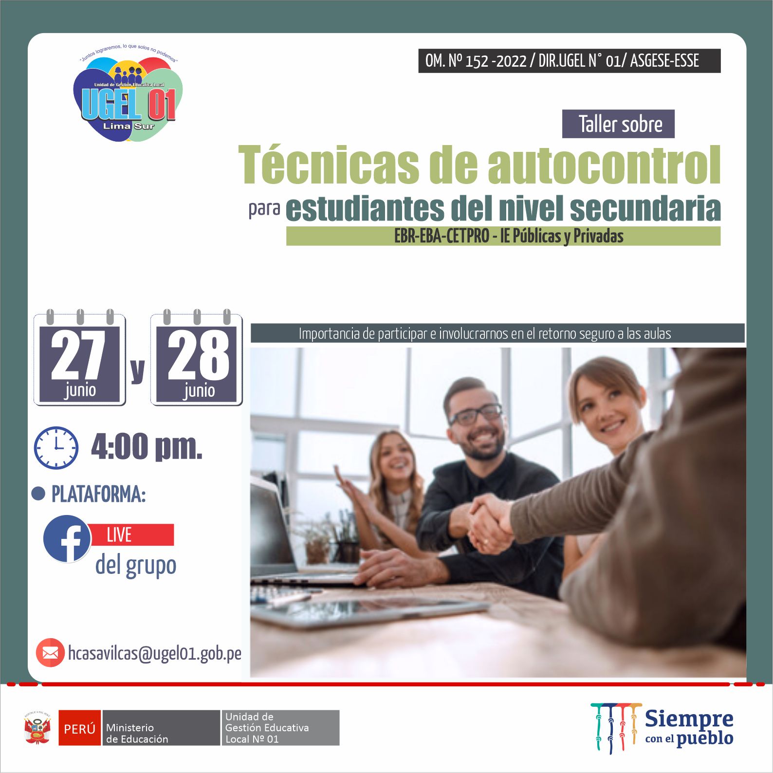 Taller sobre técnicas de autocontrol para estudiantes de secundaria de eba