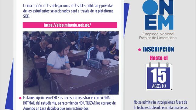 Inscripciones xviii olimpiada nacional escolar de matemática onem 202 hasta 15 agosto