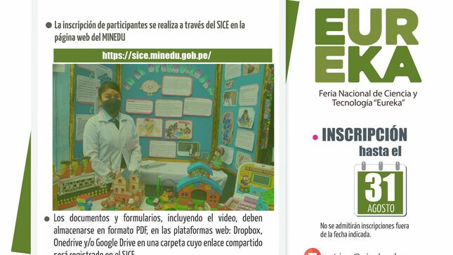 Feria nacional de ciencia y tecnología “eureka etapa ugel inscripción hasta 31 agosto