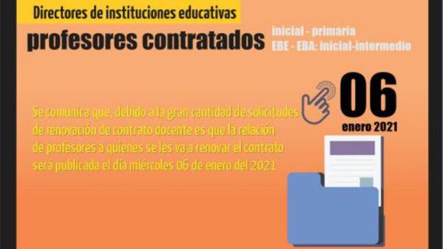 Relación de docentes que renovarán contrato se publicará el 06 enero 2021