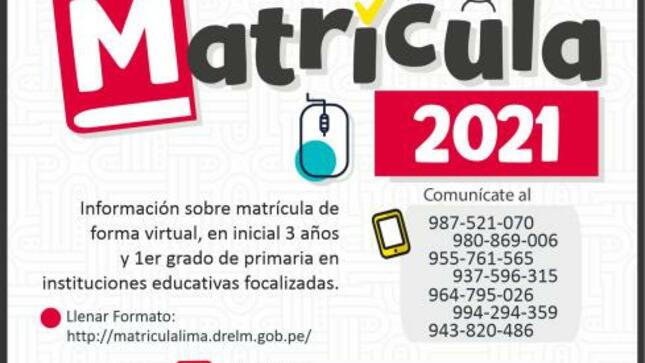 Registro para matrícula 2021: inicial 3 años y 1er. grado primaria en ii.ee. públicas focalizadas