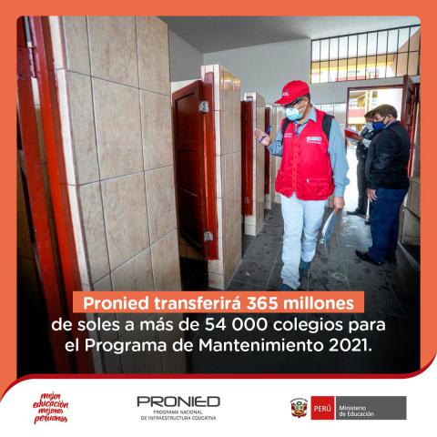 Pronied transferira recursos a los colegios para el programa de mantenimiento 2021