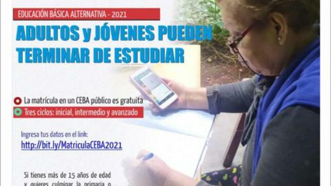 Jóvenes y adultos pueden terminar primaria o secundaria con educación básica alternativa
