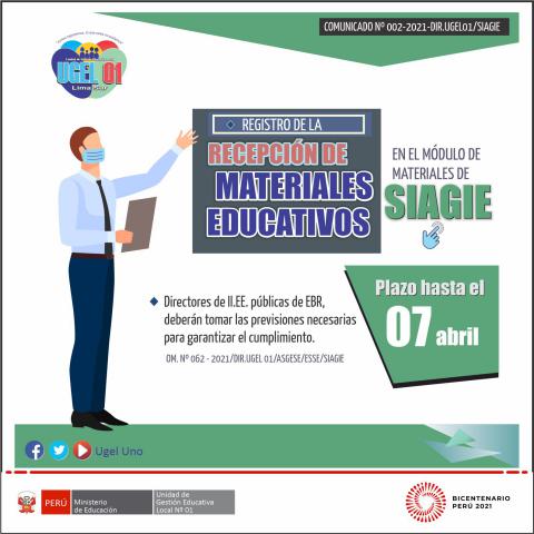 Registro de la recepción de materiales educativos en el módulo de materiales de siagie