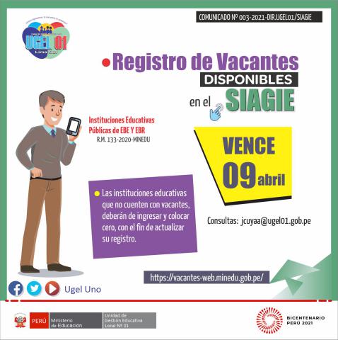 Registro de vacantes disponibles en el siagie vence 9 abril