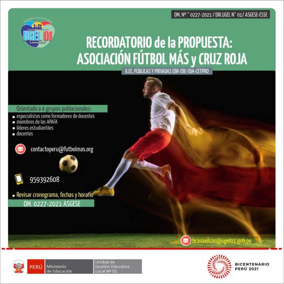 Recordatorio de la propuesta de la asociación fútbol más y cruz roja