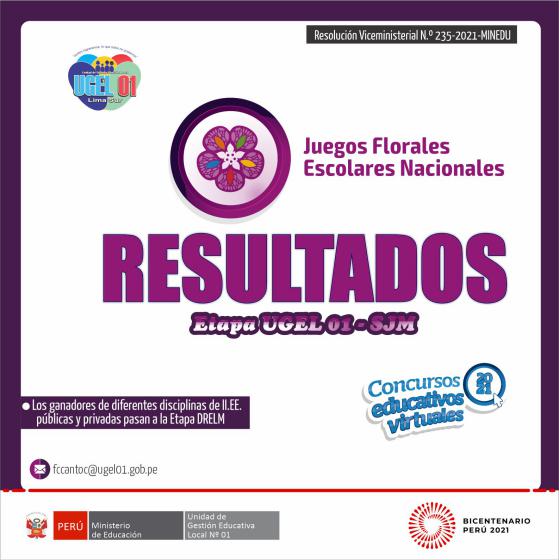 Resultados ganadores juegos florales escolares nacionales virtual – etapa ugel 01