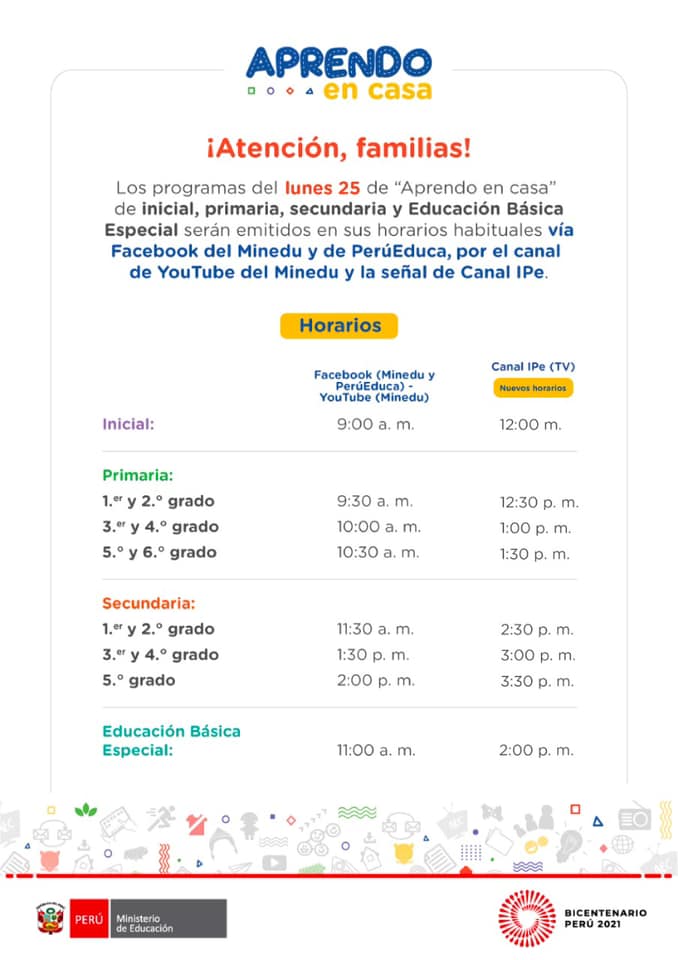 Lunes 25 de octubre los programas de “aprendo en casa” se transmitirán vía canal ipe