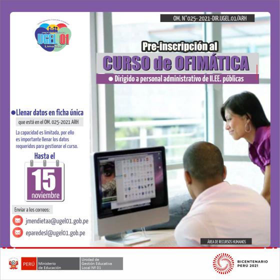 Preinscripción al curso de ofimática para personal administrativo de ii.ee. públicas