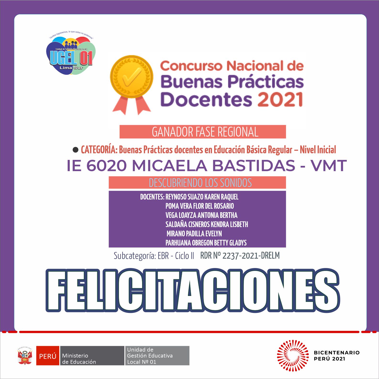 Ie 6020 micaela bastidas gana concurso nacional de buenas prácticas docentes 2021 fase regional