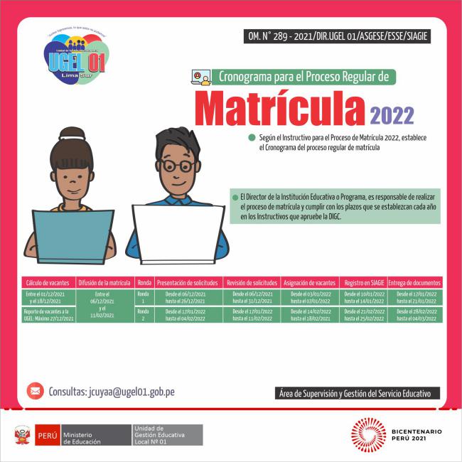 Cronograma para el proceso regular de matrícula 2022