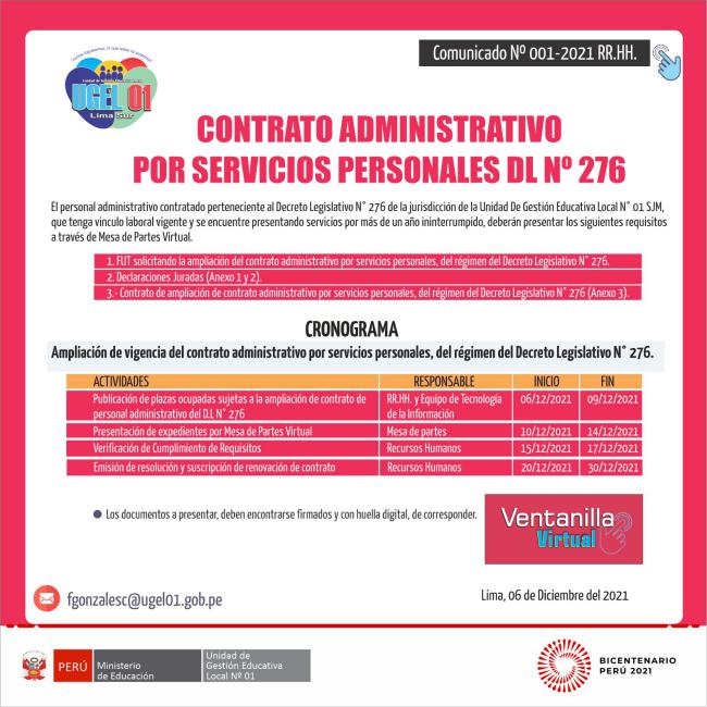 Contrato administrativo por servicios personales dl nº 276
