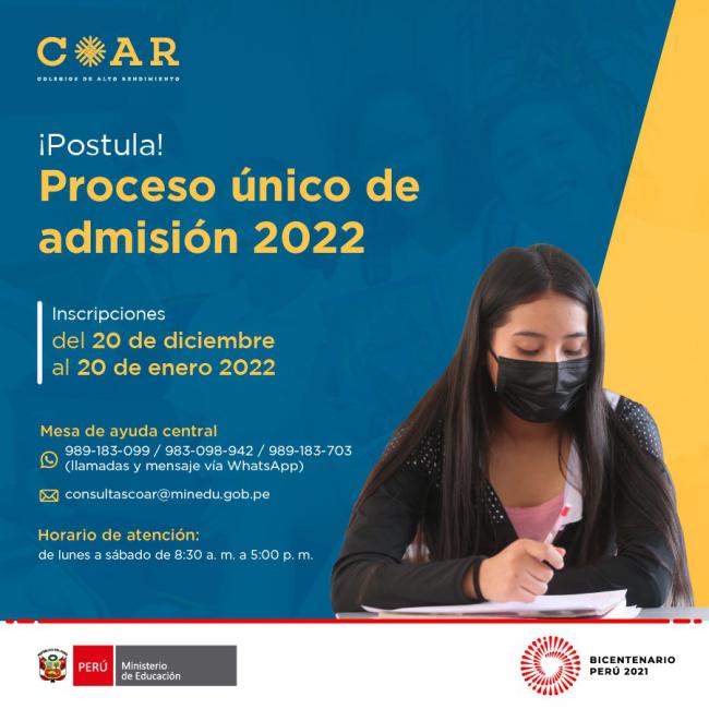 Postula: proceso único de admisión 2022 coar