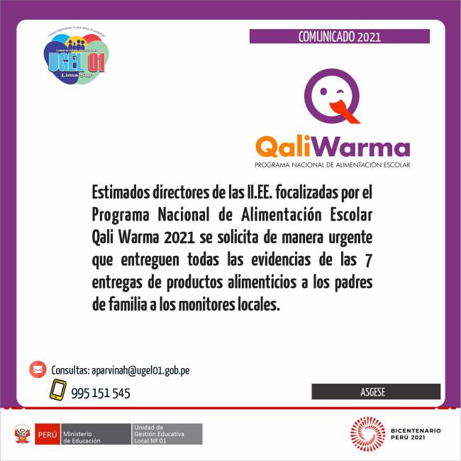 Comunicado sobre qali warma para ii.ee. focalizadas