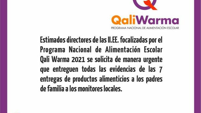 Comunicado sobre qali warma para ii.ee. focalizadas