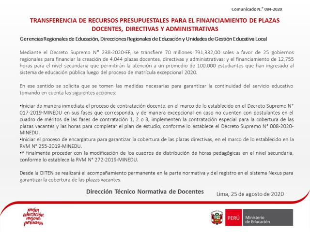 Transferencia de recursos presupuestales para el financiamiento de plazas docentes