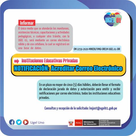 Notificación: acreditar correos electrónicos instituciones educativas privadas