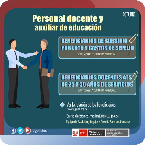 Beneficiarios de subsidio por luto y gastos de sepelio y docentes 25 y 30 años de servicios