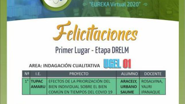 Logramos el primer lugar en la feria escolar nacional de ciencia y tecnología 2020 etapa drelm