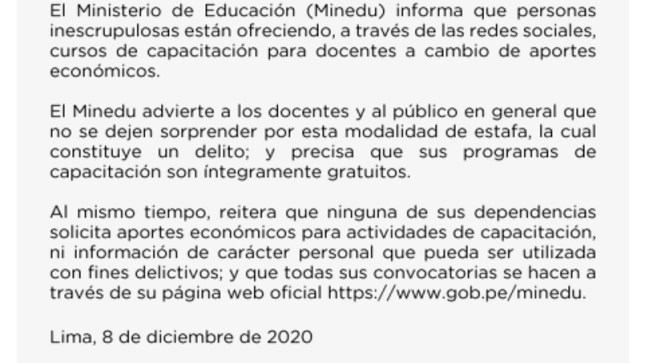 Minedu: programas de capacitación son gratuitos