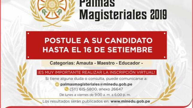 16 de setiembre cierran inscripciones para palmas magisteriales 2019