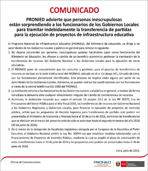 Comunicado de pronied a gobiernos locales