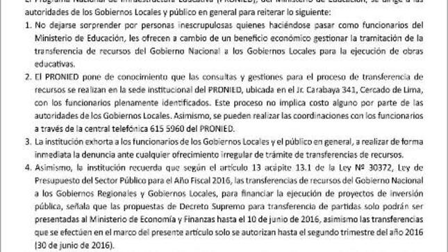 Comunicado de pronied a gobiernos locales