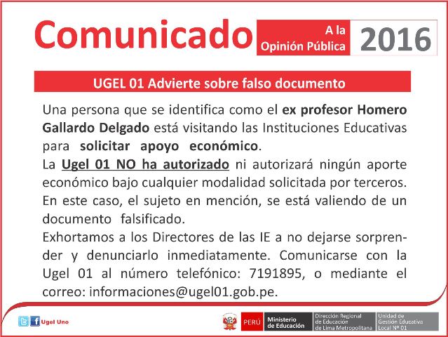 Comunicado ugel01 advierte sobre falso documento