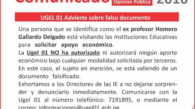 Comunicado ugel01 advierte sobre falso documento