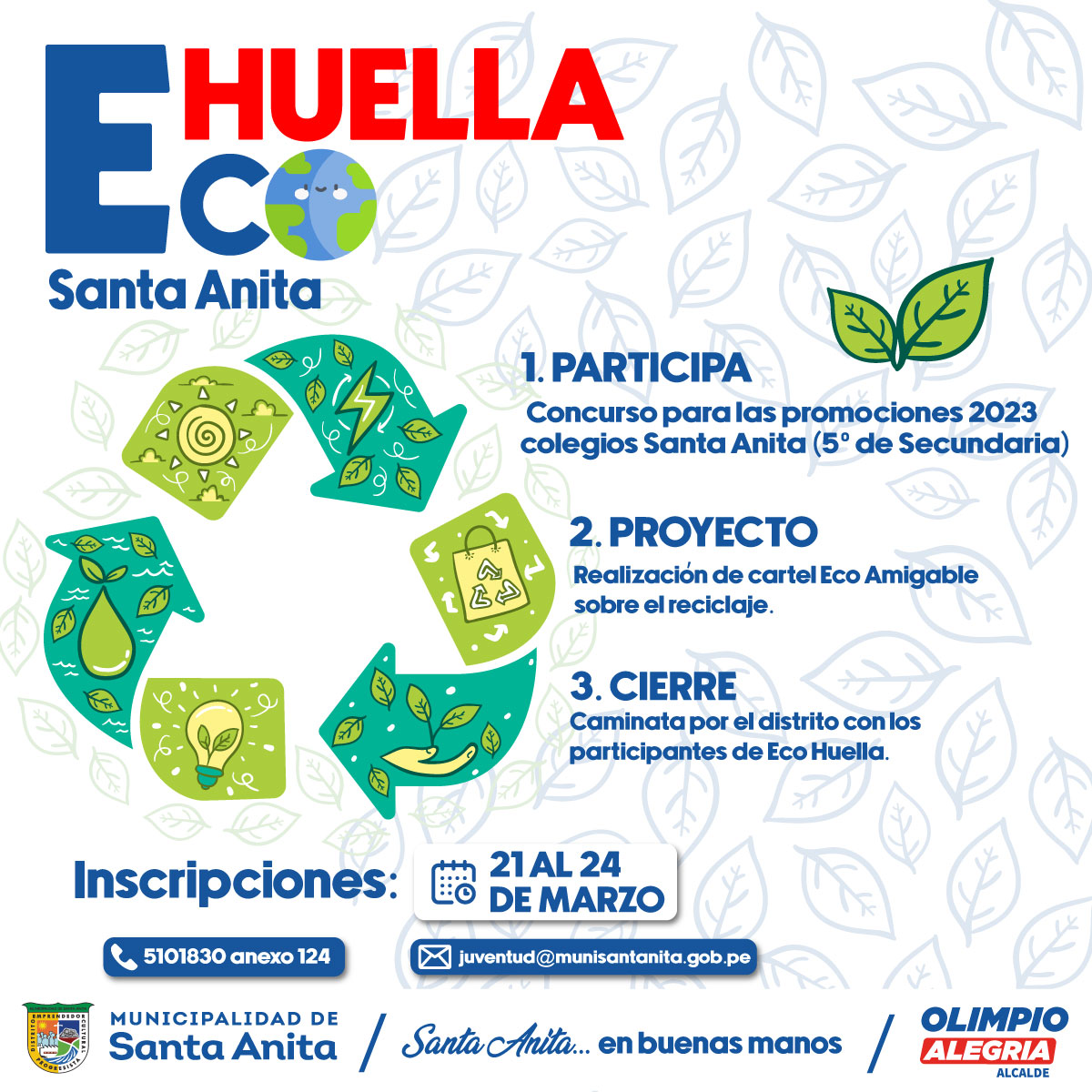 Únete al concurso ECO HUELLA y haz la diferencia. Trae tu cartel ECO-AMIGABLE y únete a los jóvenes comprometidos con el reciclaje y el cuidado del medio ambiente. Además, no te pierdas nuestra caminata el 25 de marzo a partir de las 7:30 am.