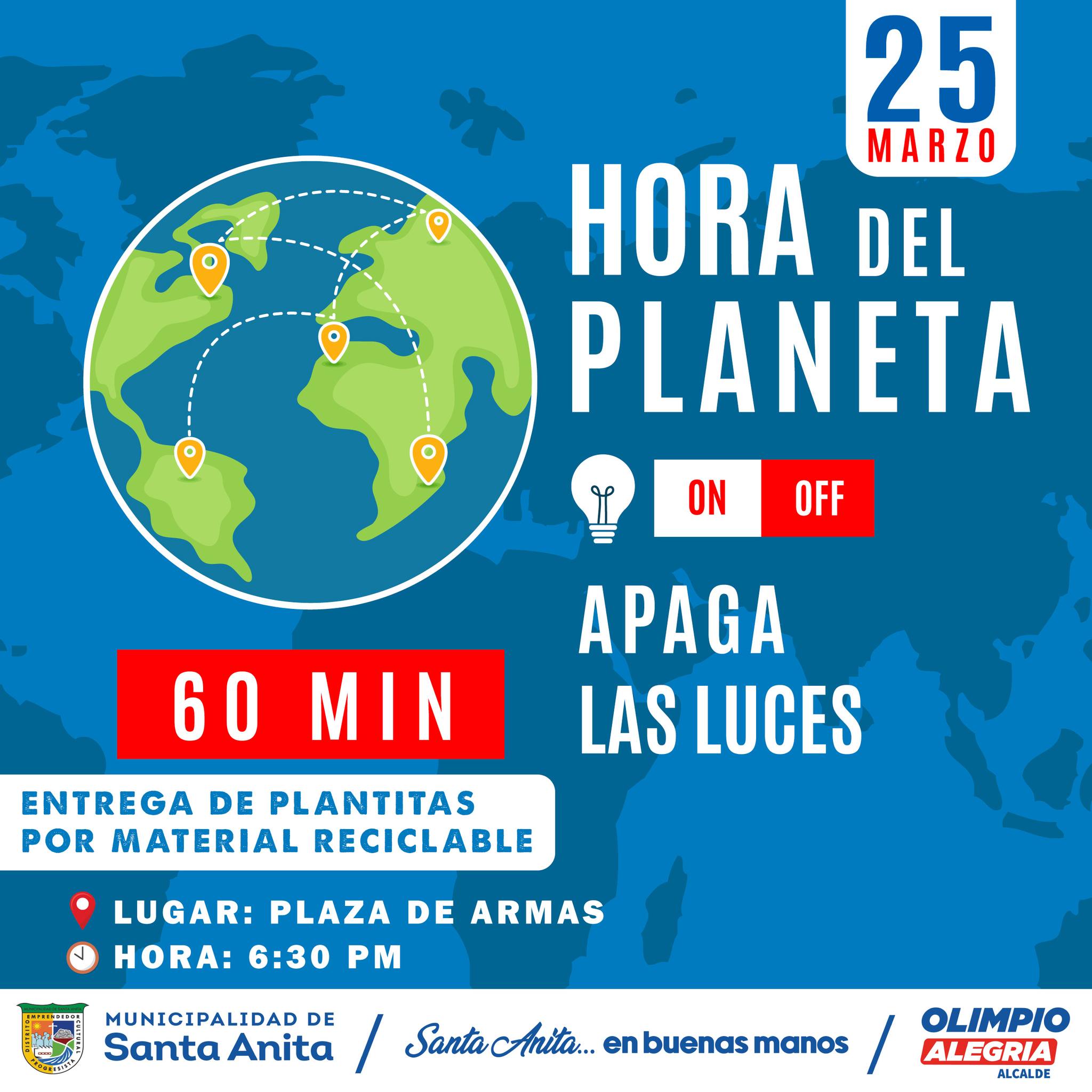 Únete a la Hora del Planeta este sábado 25 de marzo a partir 6:30 pm en la Plaza de Armas de Santa Anita. Apaga las luces de tu hogar durante una hora y contribuye a proteger nuestro planeta.
¡Cada acción cuenta! 💚 🙂
#olimpioalegria
#santaanitaenbuenasmanos
