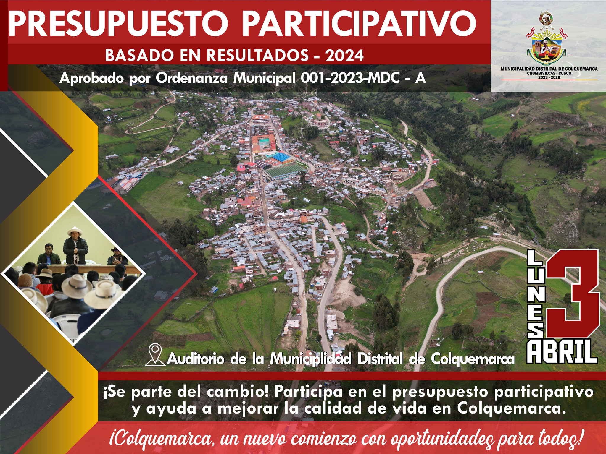 La Municipalidad Distrital de Colquemarca, encabezada por su alcalde Prof. Santos Oviedo Ataucuri y su plana de regidores, invita a las diferentes autoridades, presidentes comunales y organizaciones a participar del Presupuesto Participativo 2024.
Este es un proceso de participación ciudadana en el que la comunidad puede presentar propuestas y votar por aquellas que considere más importantes para su desarrollo y bienestar. Además, el proceso cuenta con un enfoque basado en resultados, lo que significa que las propuestas elegidas serán evaluadas constantemente para garantizar su efectividad.
Como comunidad, tenemos el poder de influir en el destino de nuestro distrito y hacer que se convierta en un lugar mejor para todos. Por eso, esperamos que las diferentes autoridades, presidentes comunales y organizaciones participen activamente en este proceso.
¡No pierdas la oportunidad de hacer oír tu voz y hacer realidad las propuestas que beneficien a nuestra comunidad! Se parte del Presupuesto Participativo Basado en Resultados 2024.
¡Colquemarca, un nuevo comienzo con oportunidades para todos!
Prof. Santos Oviedo Ataucuri - Alcalde
Gestión 2023 - 2026