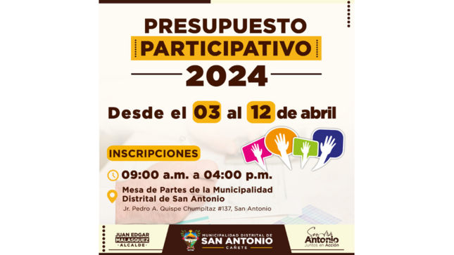 Vecino, Inscríbete y Participa en el Presupuesto Participativo 2024