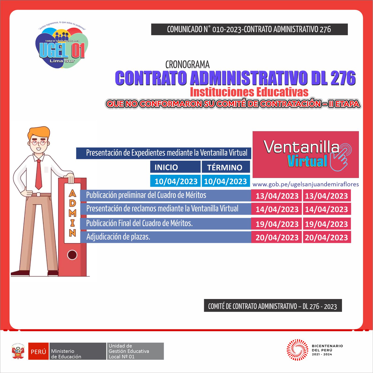 Cronograma para el Proceso de Contrato Administrativo DL 276 y Profesional de la salud D.Leg. N° 1153 de Instituciones Educativas que no co