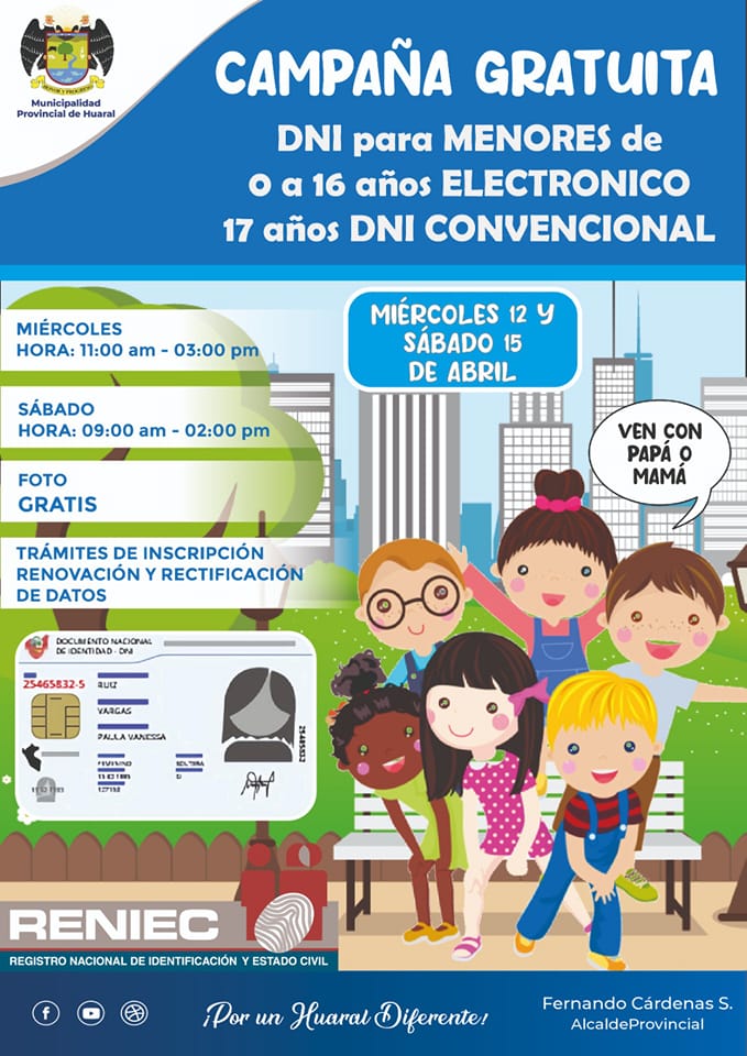 Este 12 y 15 de abril la municipalidad de Huaral te invita a participar de la campaña gratuita de DNI en el Coliseo Campeones de Huaral