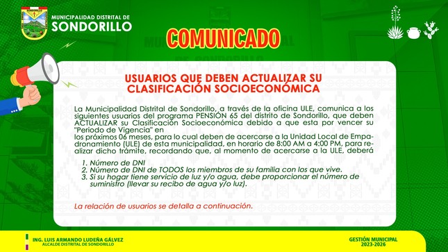 Relación de Usuarios publicada en Facebook de la Municipalidad Distrital de Sondorillo