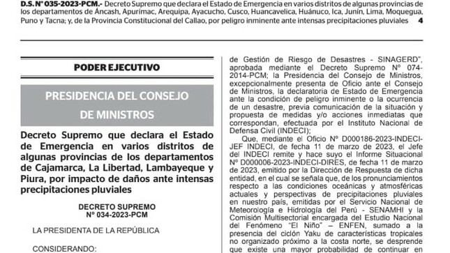 El Gobierno publicó el decreto supremo que declara el estado de emergencia en La Unión